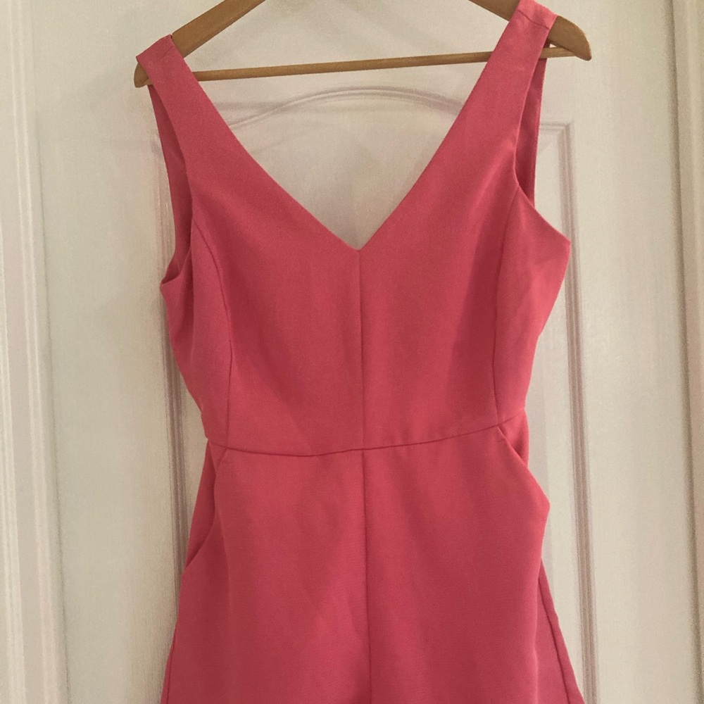 Deep Pink Sleeveless V-Neck Romper Tie bow peek open back with front pockets